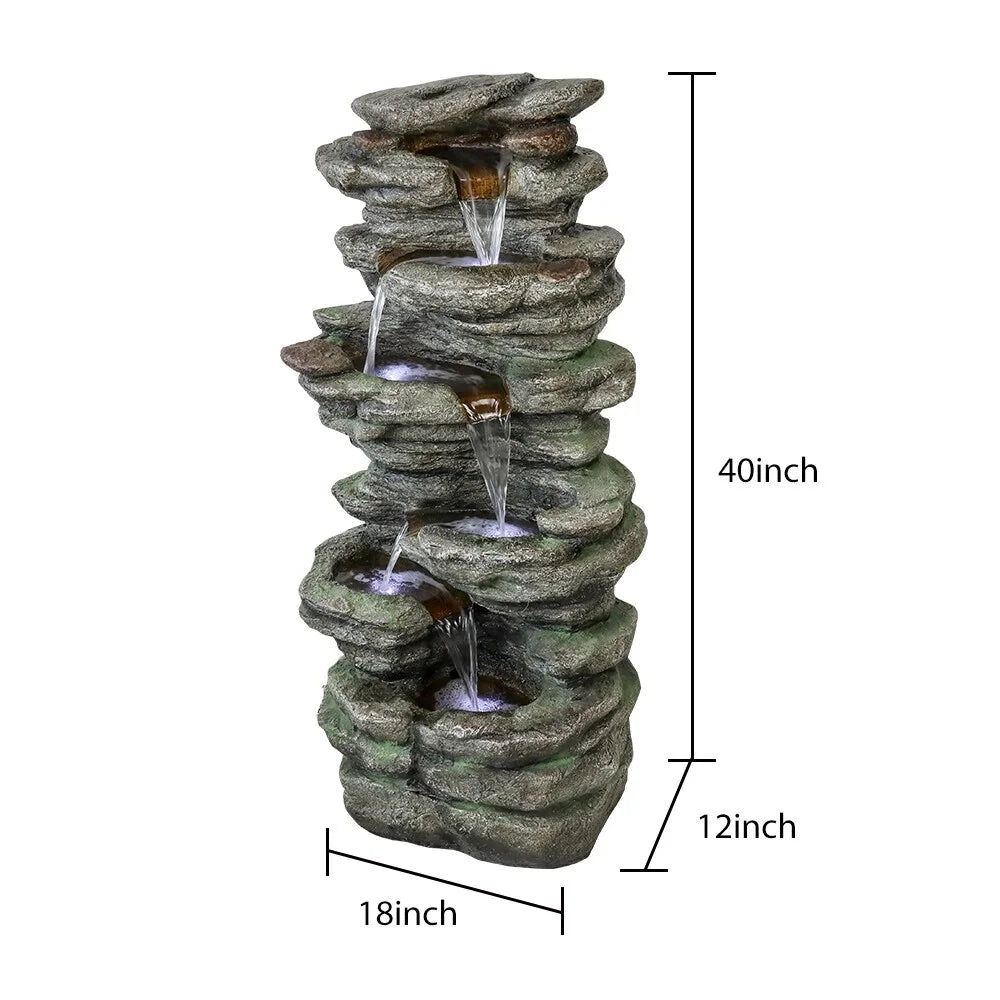 Meedzom 40''H Fluid Fountain Outdoor Garden LED Lighted Floor Fountain Natural Polyresin Decor for Patio