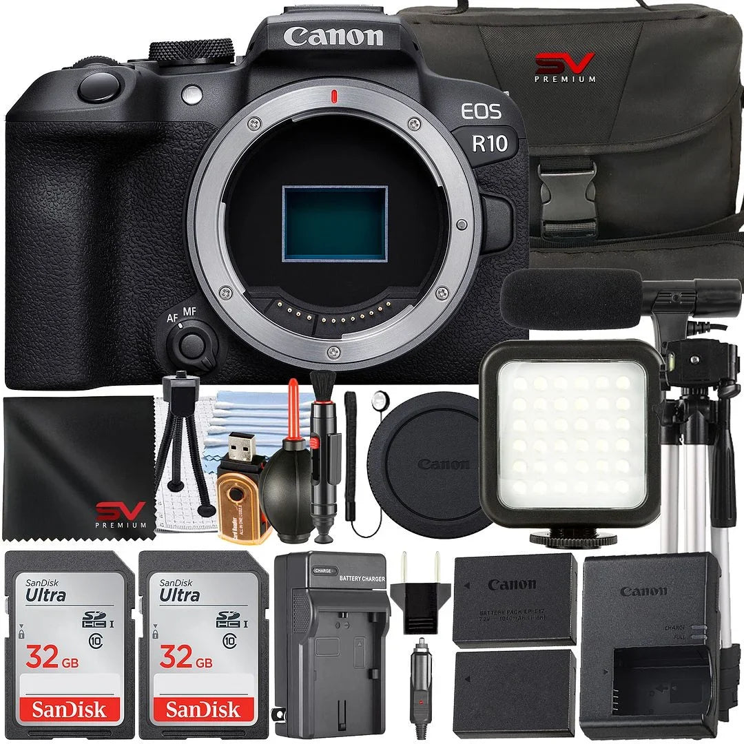 EOS R10 Mirrorless Camera (Body Only) with 2 Pack SanDisk 32GB Memory Card + Case + LED Flash + SV Premium Accessory Bundle