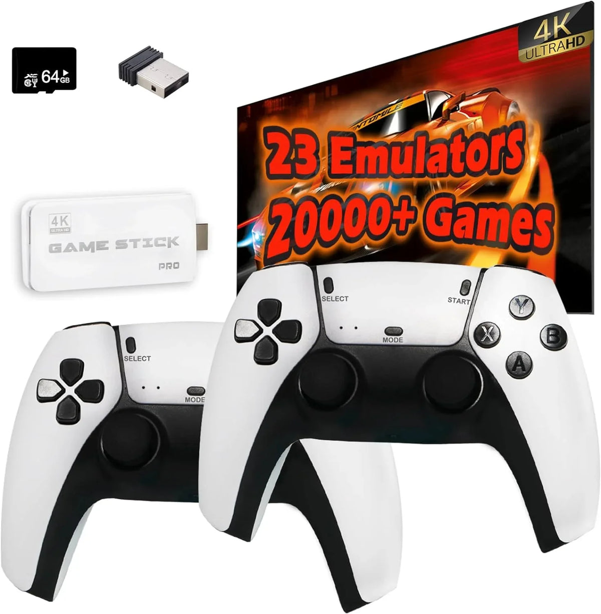 Wireless Retro Game Console, Plug and Play Video Game Stick Built in 20000+ Games,23 Classic Emulators, 4K High Definition HD Output for TV with Dual 2.4G Wireless Controllers