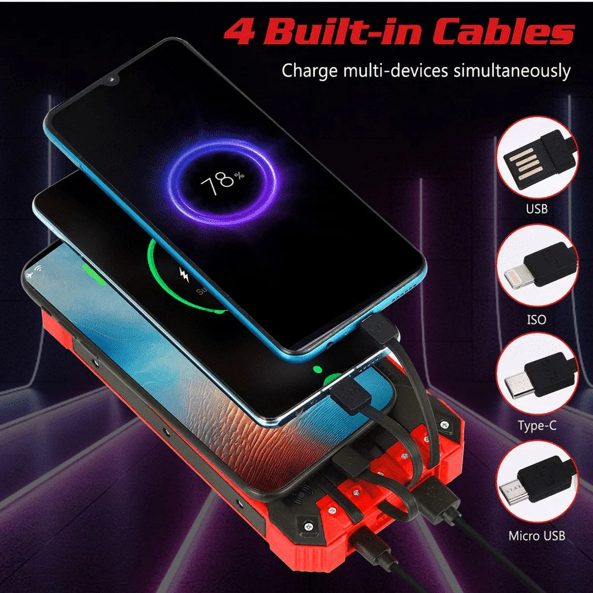 Solar Power Bank 20000mAh Built-in 4 Cables Qi Wireless Charger For Ulefone Armor 9 with LED Flashlight Solar Portable External Battery IPX4 Fluid 15W 5V/3A USB C Port 6 Outputs 3 Inputs