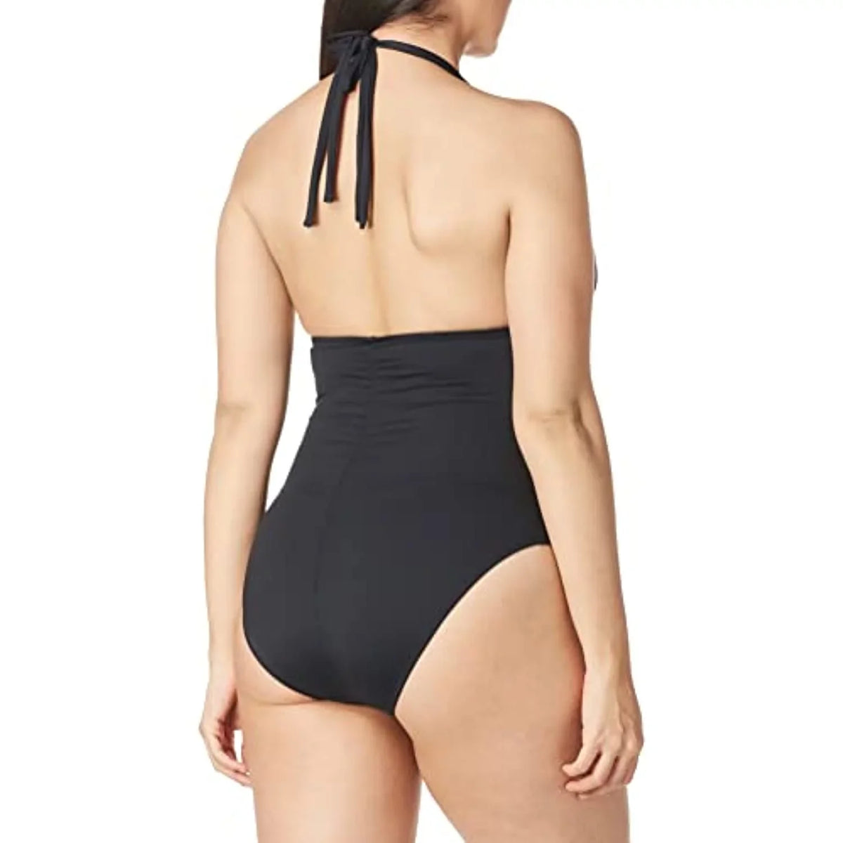 La Blanca Women's Standard Island Goddess V-Neck Halter Mio One Piece Swimsuit, Black, 4