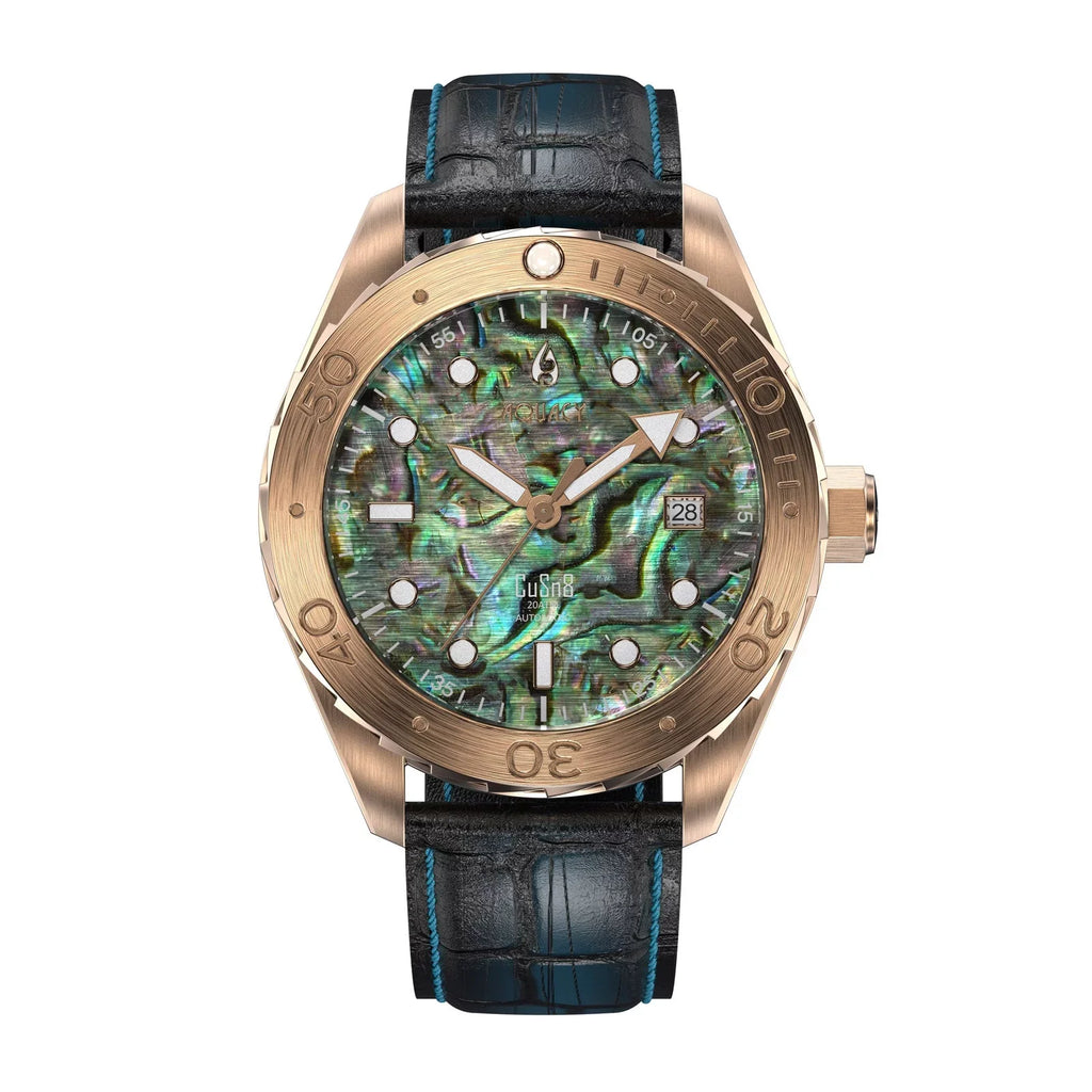 Aquacy Bronze CuSn8 Abalone Automatic Diver Watch BR.AB.8215.L - Screw Down 316L Stainless Case Back - 200M Fluid Resistance - 40 Hours Approx Power Reserve Dive Swimming Wrist Watches For Men