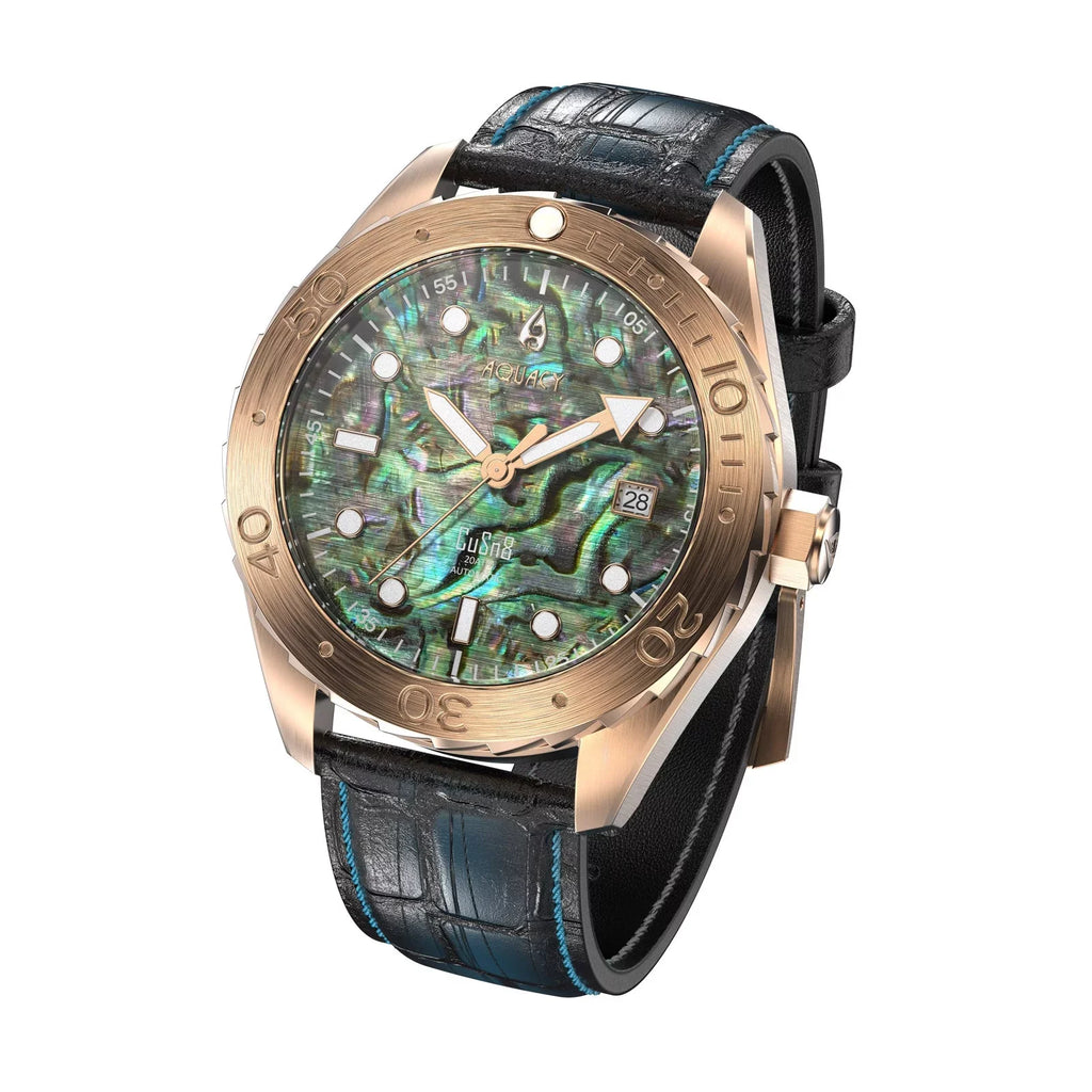 Aquacy Bronze CuSn8 Abalone Automatic Diver Watch BR.AB.8215.L - Screw Down 316L Stainless Case Back - 200M Fluid Resistance - 40 Hours Approx Power Reserve Dive Swimming Wrist Watches For Men