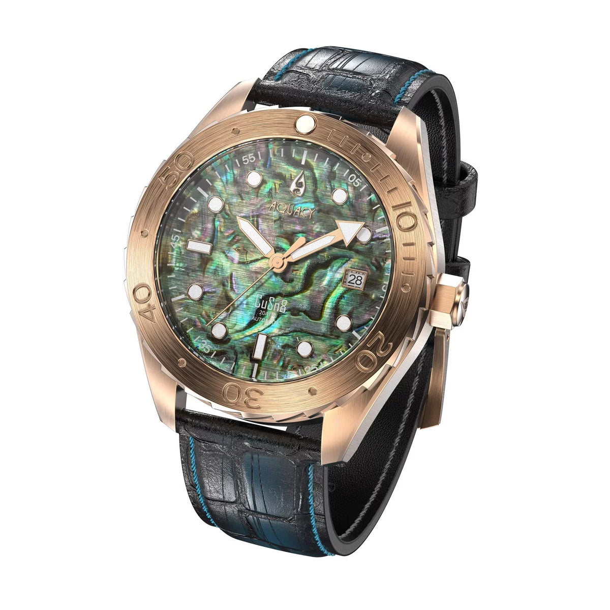 Aquacy Bronze CuSn8 Abalone Automatic Diver Watch BR.AB.8215.L - Screw Down 316L Stainless Case Back - 200M Fluid Resistance - 40 Hours Approx Power Reserve Dive Swimming Wrist Watches For Men