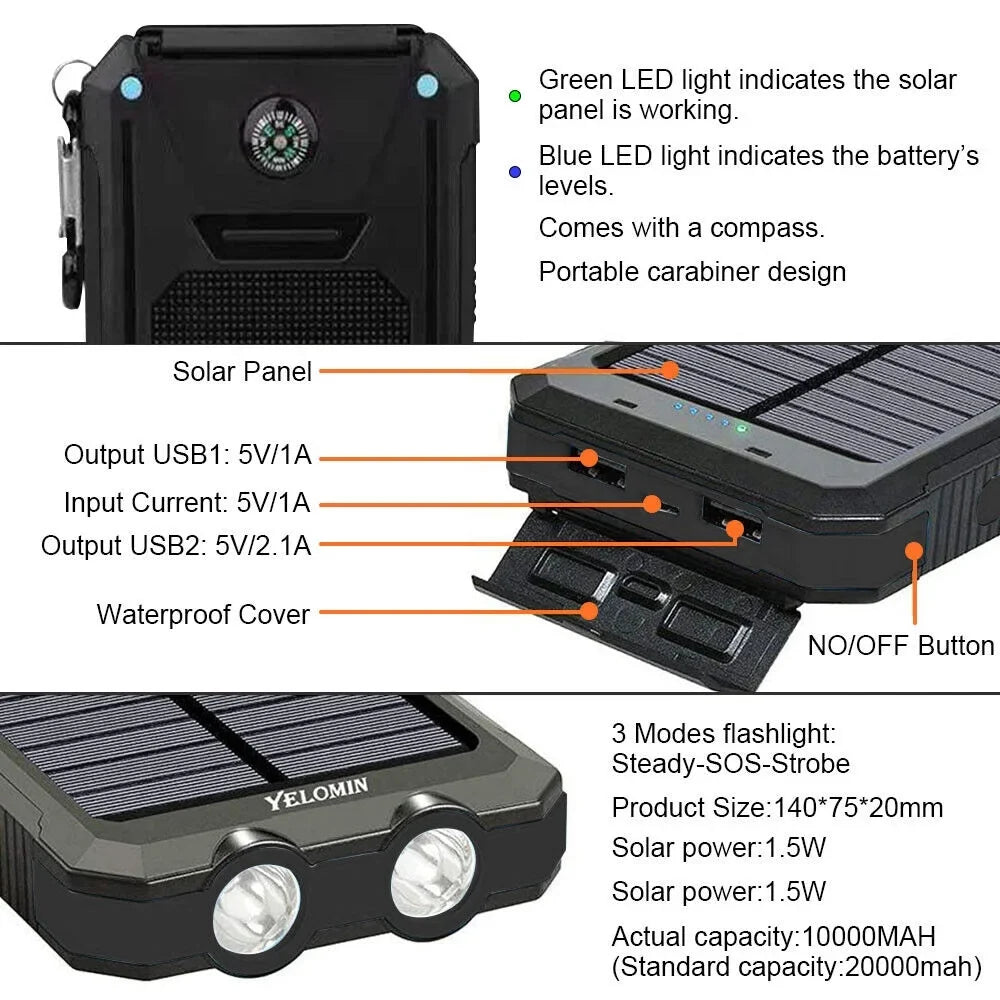 Super 90000000mAh USB Portable Charger Solar Power Bank For Cell Phone Black US