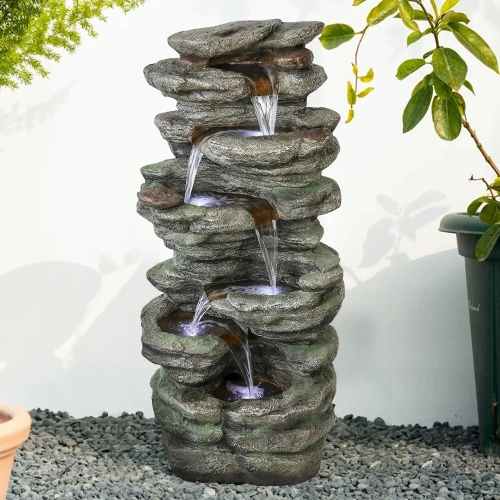 Meedzom 40''H Fluid Fountain Outdoor Garden LED Lighted Floor Fountain Natural Polyresin Decor for Patio