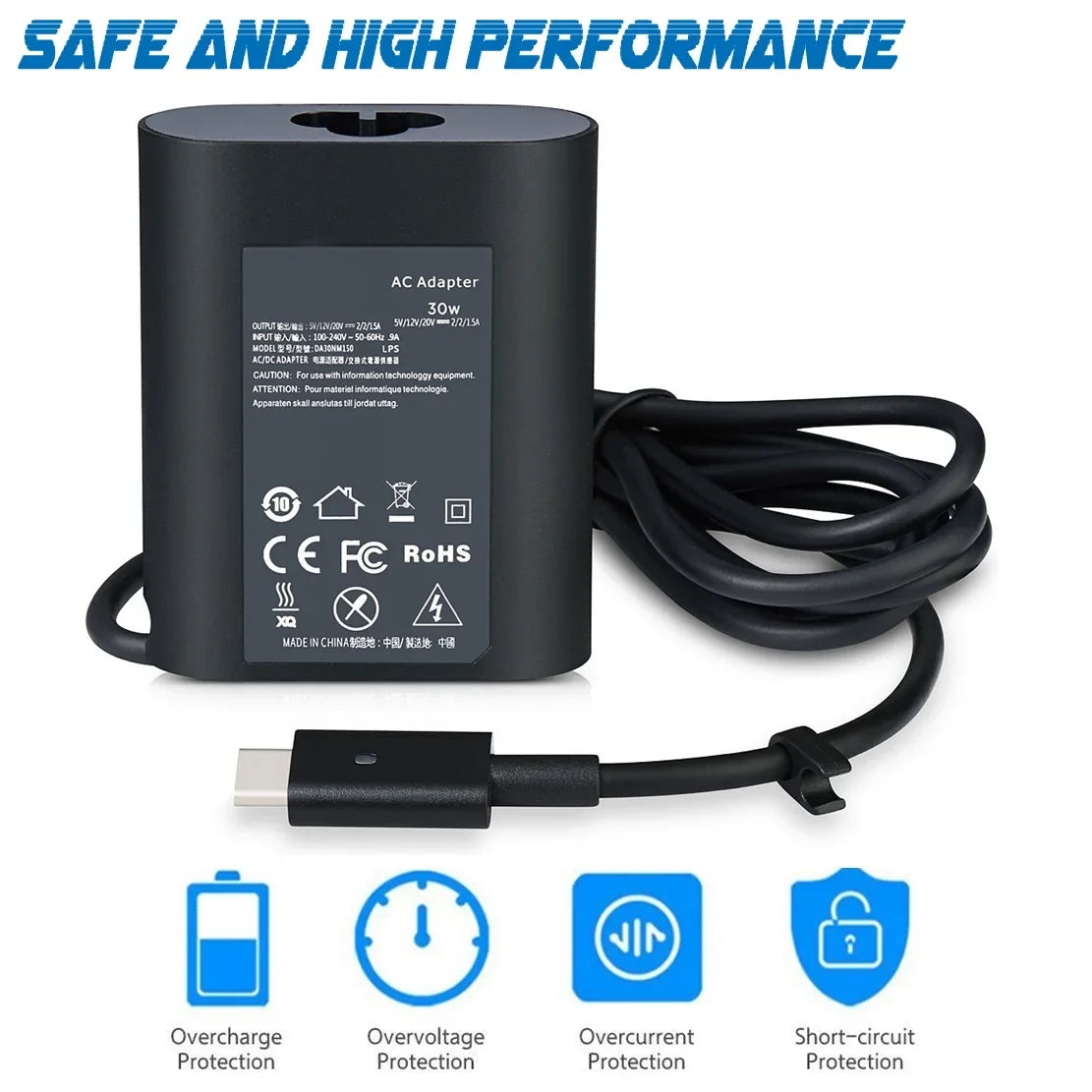 EBK 30W Replacement AC Power Adapter Charger for XPS13 9365 XPS12 9250 Latitude 7350 7275 5175 5179 ( USB Type-C Connector )