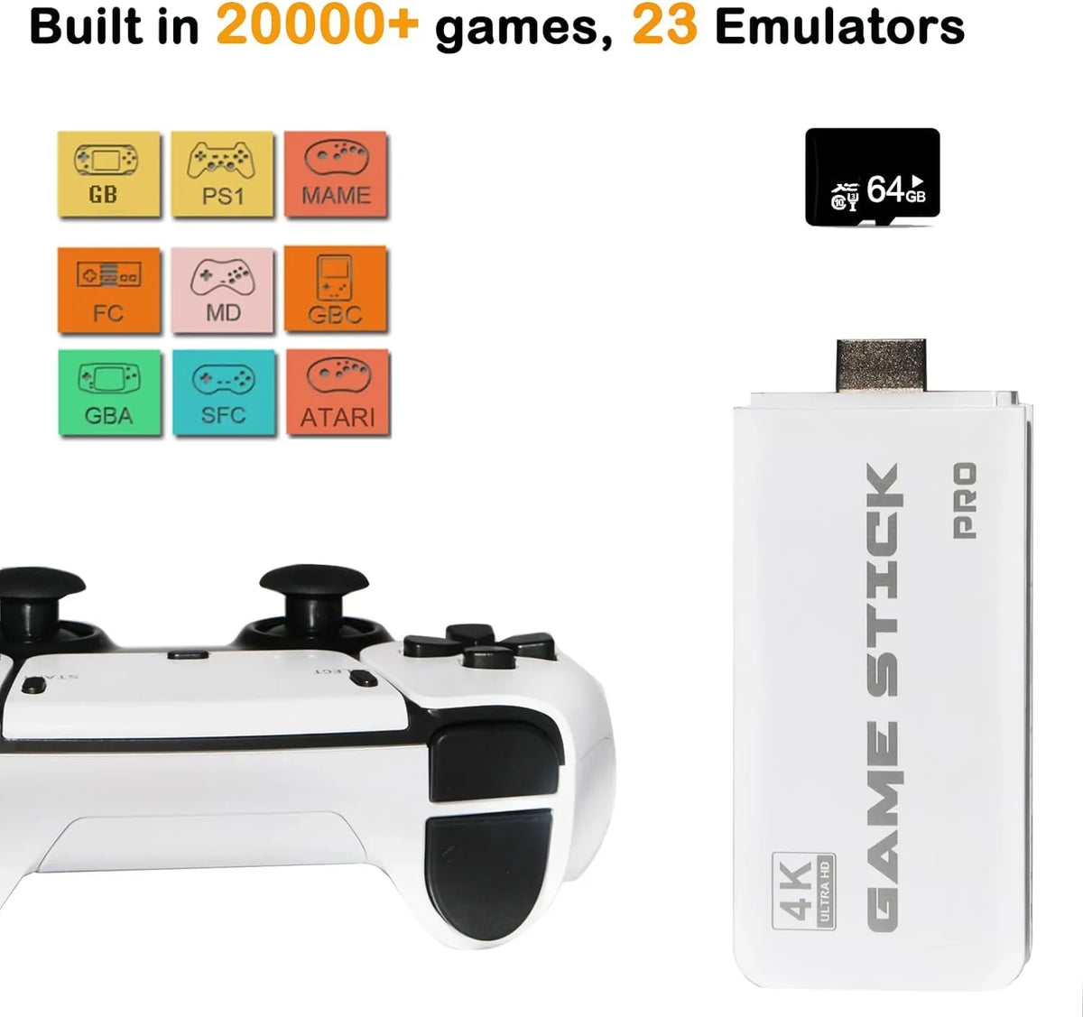 Wireless Retro Game Console, Plug and Play Video Game Stick Built in 20000+ Games,23 Classic Emulators, 4K High Definition HD Output for TV with Dual 2.4G Wireless Controllers