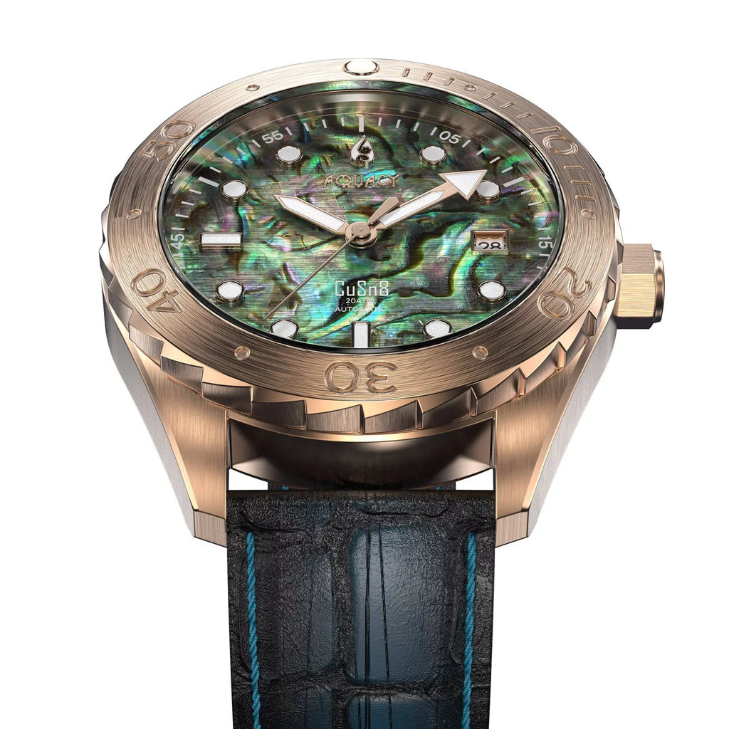Aquacy Bronze CuSn8 Abalone Automatic Diver Watch BR.AB.8215.L - Screw Down 316L Stainless Case Back - 200M Fluid Resistance - 40 Hours Approx Power Reserve Dive Swimming Wrist Watches For Men