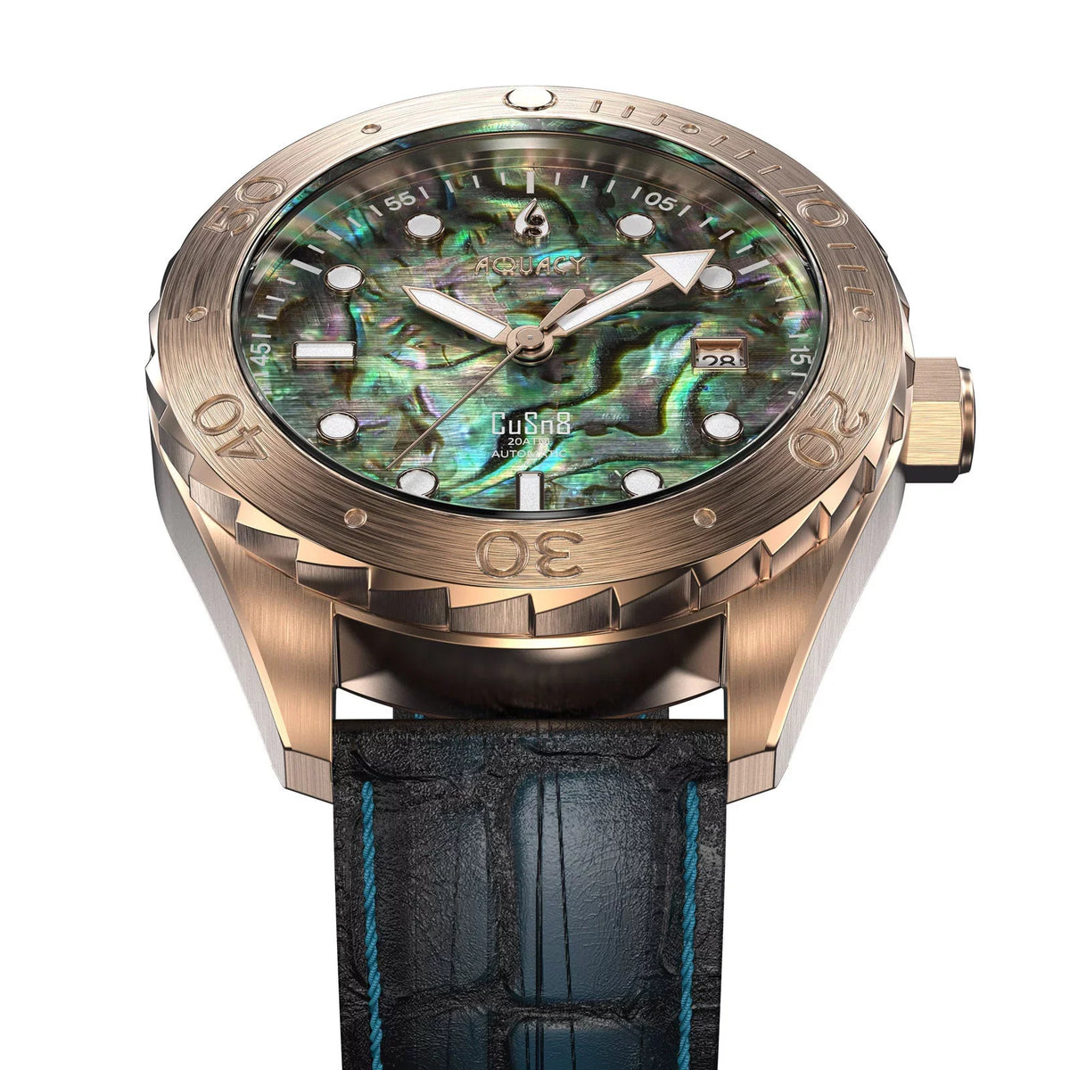 Aquacy Bronze CuSn8 Abalone Automatic Diver Watch BR.AB.8215.L - Screw Down 316L Stainless Case Back - 200M Fluid Resistance - 40 Hours Approx Power Reserve Dive Swimming Wrist Watches For Men