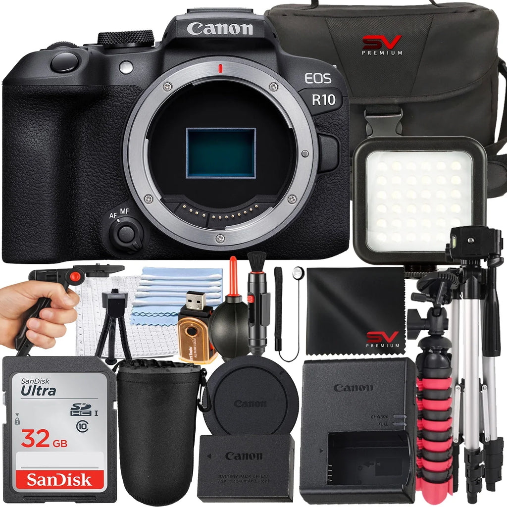 EOS R10 Mirrorless Camera (Body Only) with SanDisk 32GB Memory Card + Case + Tripod + SV Premium Accessory Bundle