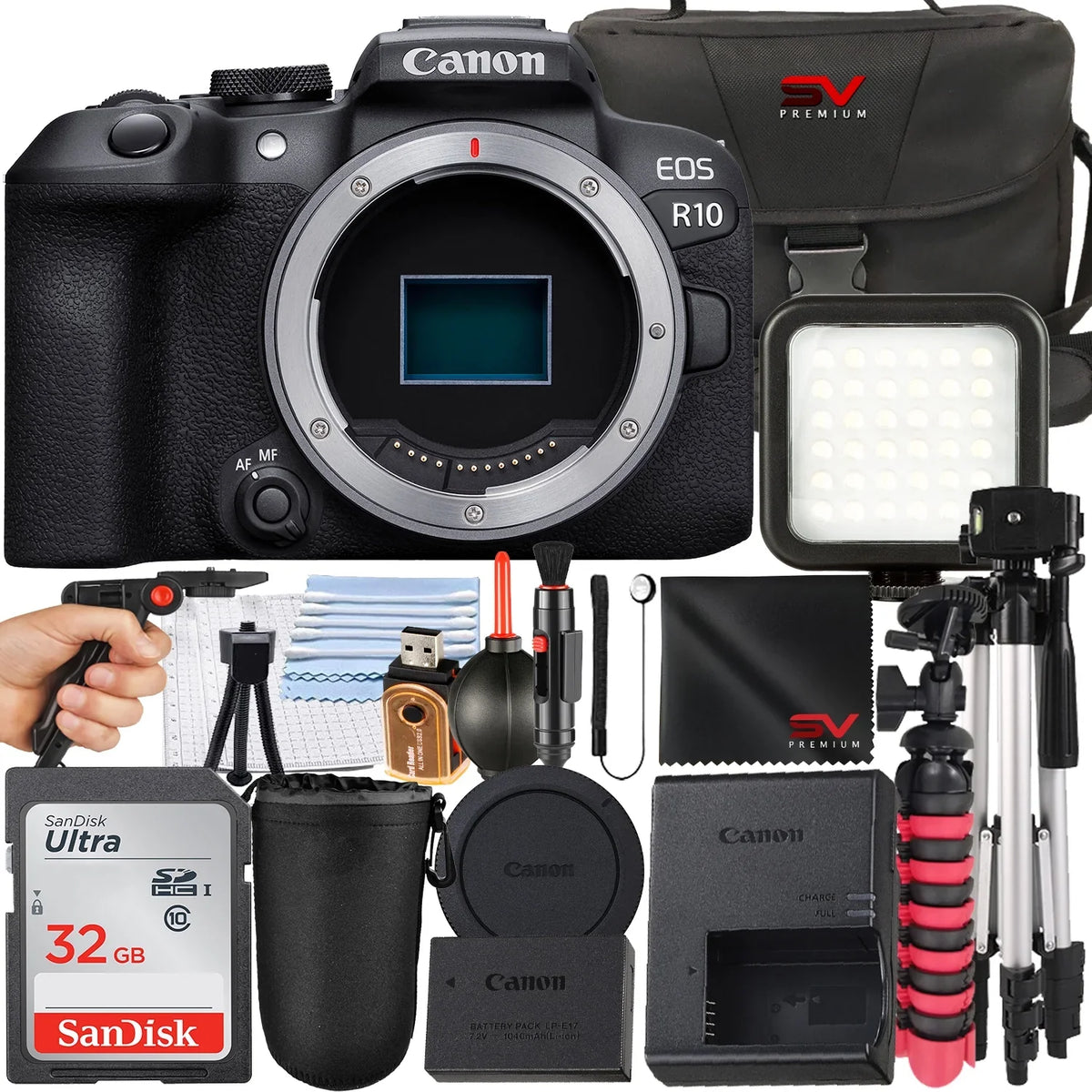 EOS R10 Mirrorless Camera (Body Only) with SanDisk 32GB Memory Card + Case + Tripod + SV Premium Accessory Bundle