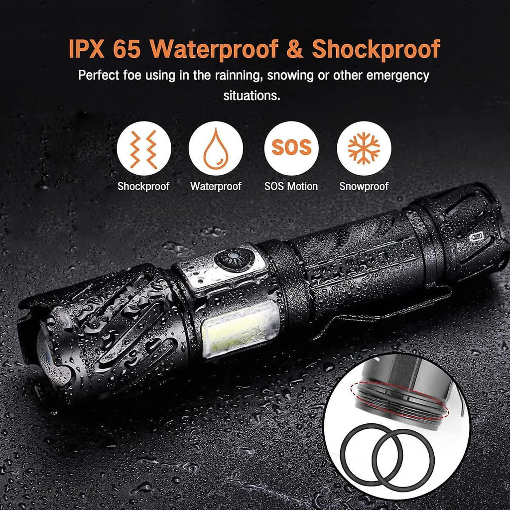 Torch, Rechargeable Flashlight 15000 High Lumen Super Bright Torch, Tactical Flashlight, 6 Modes With 2 Cob Light, Adjustable Zoomable, Magnetic Liquid