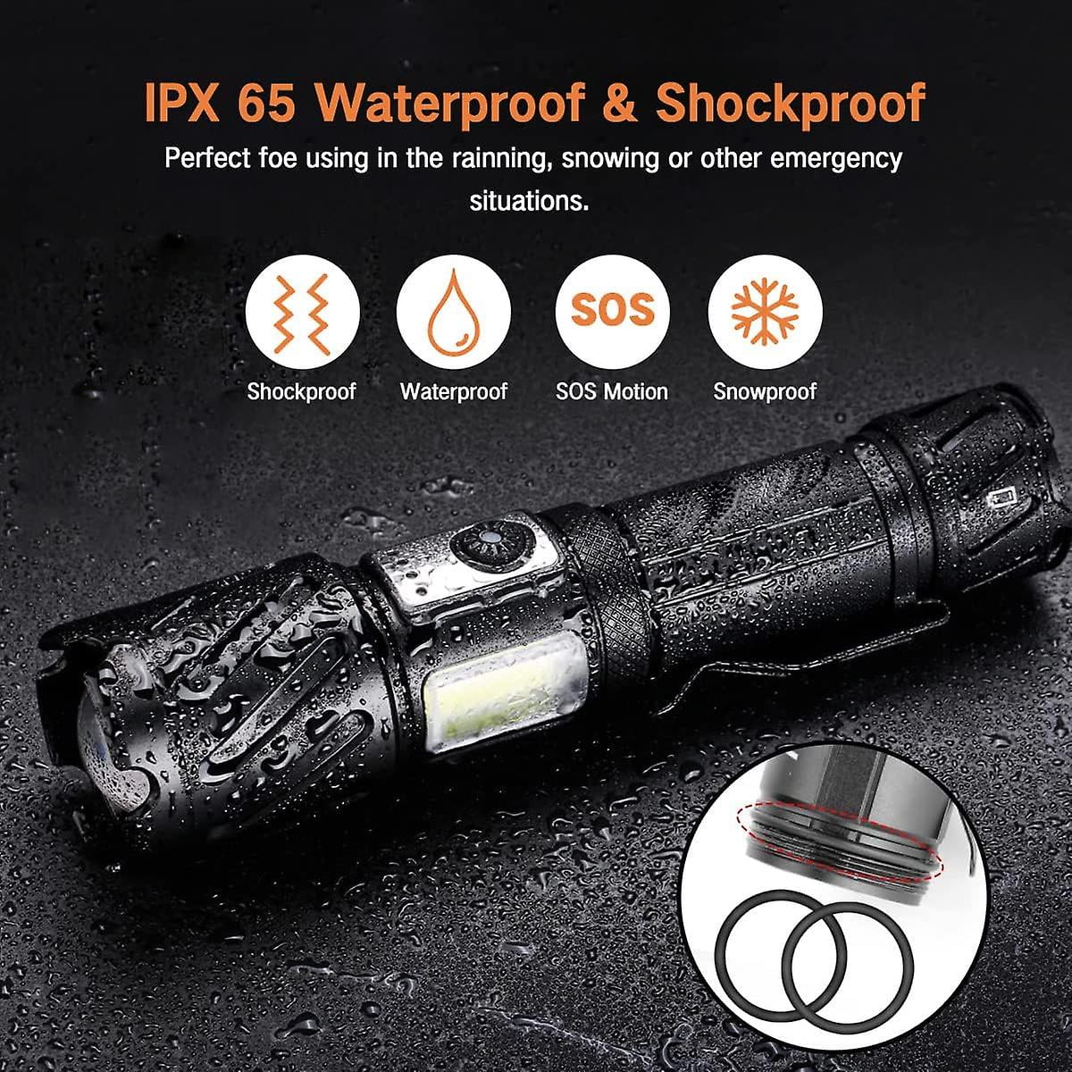 Torch, Rechargeable Flashlight 15000 High Lumen Super Bright Torch, Tactical Flashlight, 6 Modes With 2 Cob Light, Adjustable Zoomable, Magnetic Liquid