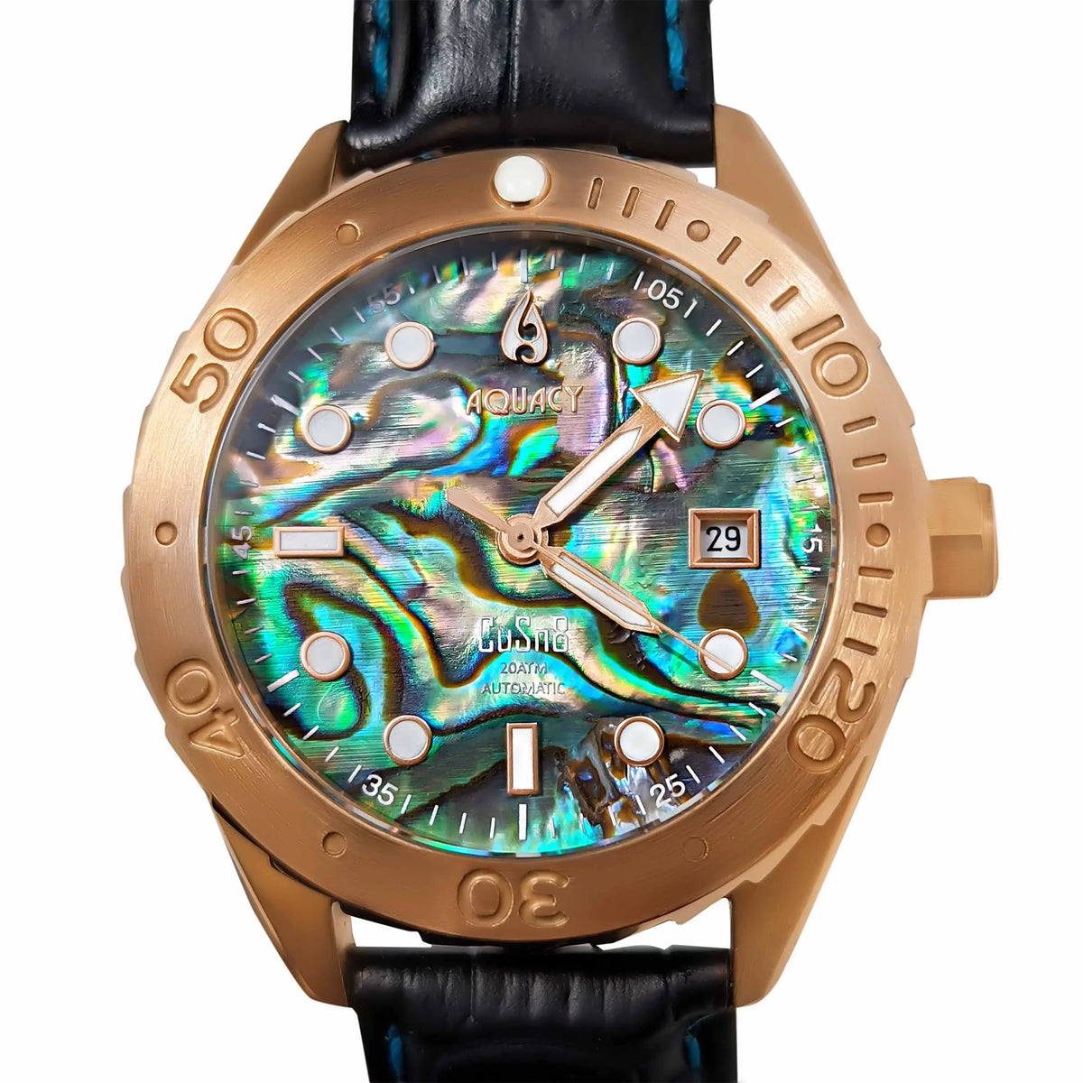 Aquacy Bronze CuSn8 Abalone Automatic Diver Watch BR.AB.8215.L - Screw Down 316L Stainless Case Back - 200M Fluid Resistance - 40 Hours Approx Power Reserve Dive Swimming Wrist Watches For Men