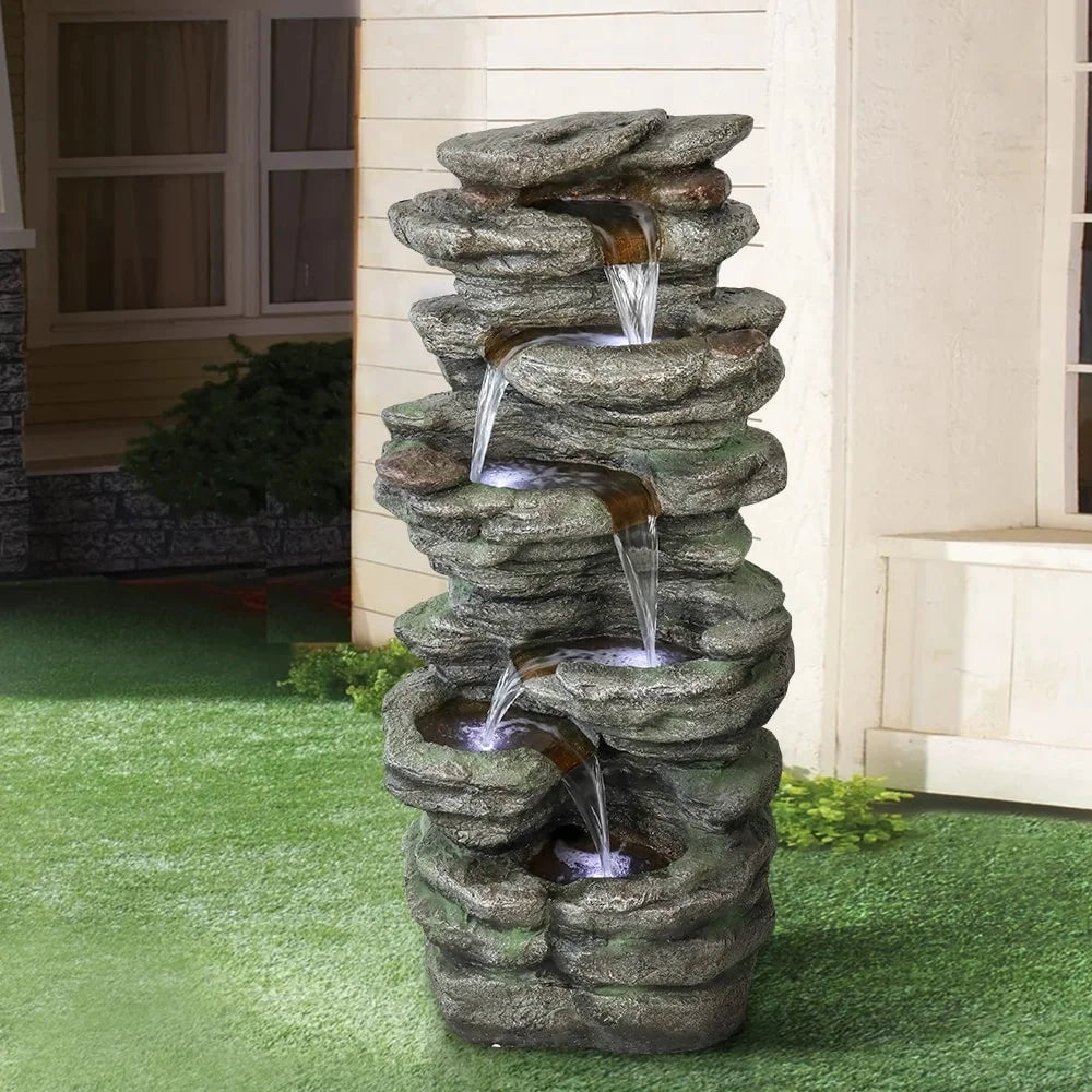 Meedzom 40''H Fluid Fountain Outdoor Garden LED Lighted Floor Fountain Natural Polyresin Decor for Patio