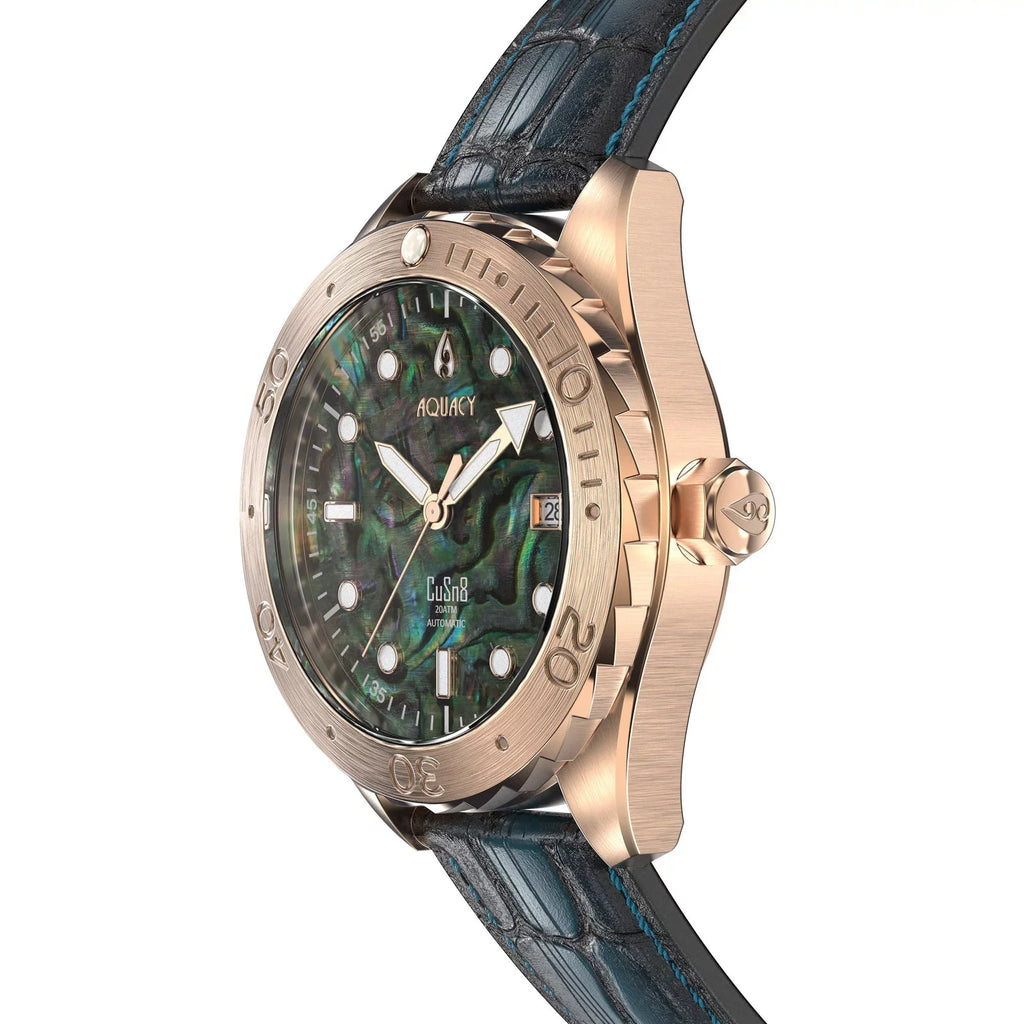Aquacy Bronze CuSn8 Abalone Automatic Diver Watch BR.AB.8215.L - Screw Down 316L Stainless Case Back - 200M Fluid Resistance - 40 Hours Approx Power Reserve Dive Swimming Wrist Watches For Men