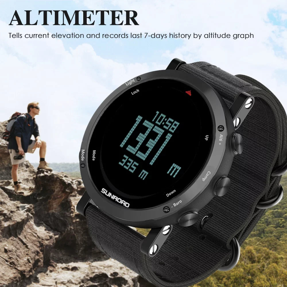 SUNROAD Barometer Altimeter Compass Thermograph Weather Forecast Men Watch 50meters Fluid Multifunctional Sports Watch for Mountaineering Running Trekking Camping