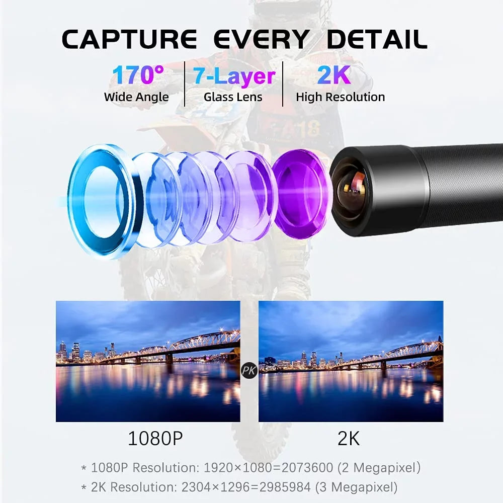 VSYSTO 2K Motorcycle Bike Helmet Camera, Portable WiFi Fluid Motorcycle Dash Cam Action Camera, 170° Super Wide Angle Night Vision Lens, WDR, Loop Recording