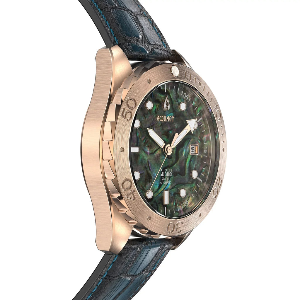 Aquacy Bronze CuSn8 Abalone Automatic Diver Watch BR.AB.8215.L - Screw Down 316L Stainless Case Back - 200M Fluid Resistance - 40 Hours Approx Power Reserve Dive Swimming Wrist Watches For Men