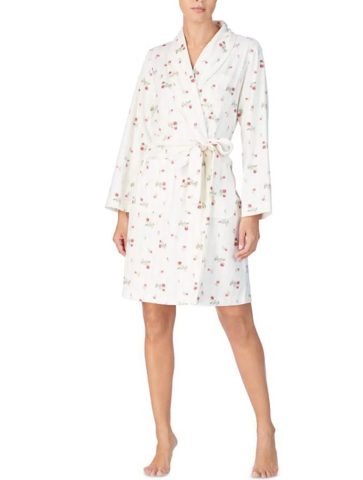 Lauren Ralph Lauren Ivory Floral Printed Fleece Short Wrap Robe, XS