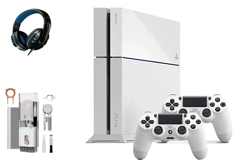 PlayStation 4 500GB Gaming Console White Headset 2 Controller with BOLT AXTION Cleaning Kit Bundle Like New