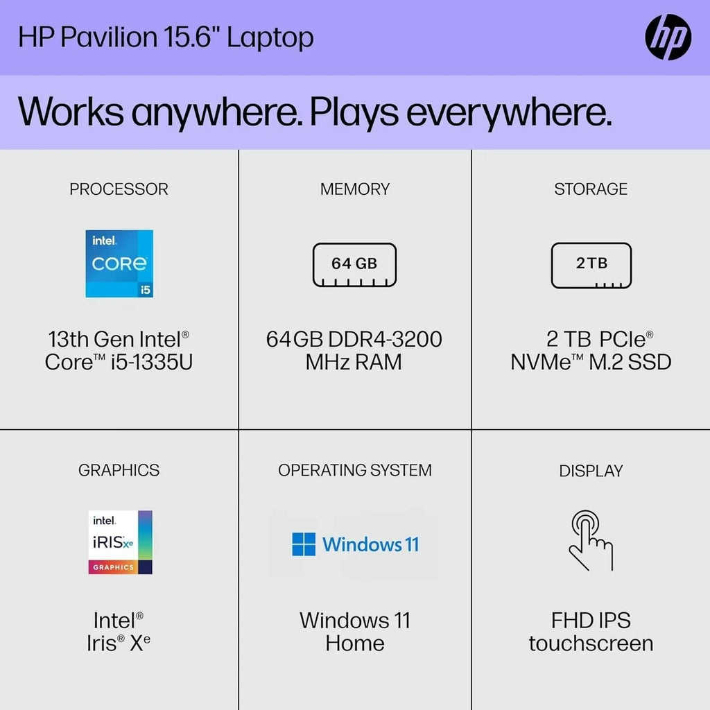 Pavilion Business Mobile pc 15.6" FHD Display 13th Gen Core i5-1335U(Beats i7-1270P), 16GB RAM, 512GB SSD, Iris Xe Graphic, Backlit KB, WiFi 6, Win 11, with Cefesfy Cleaning Brush