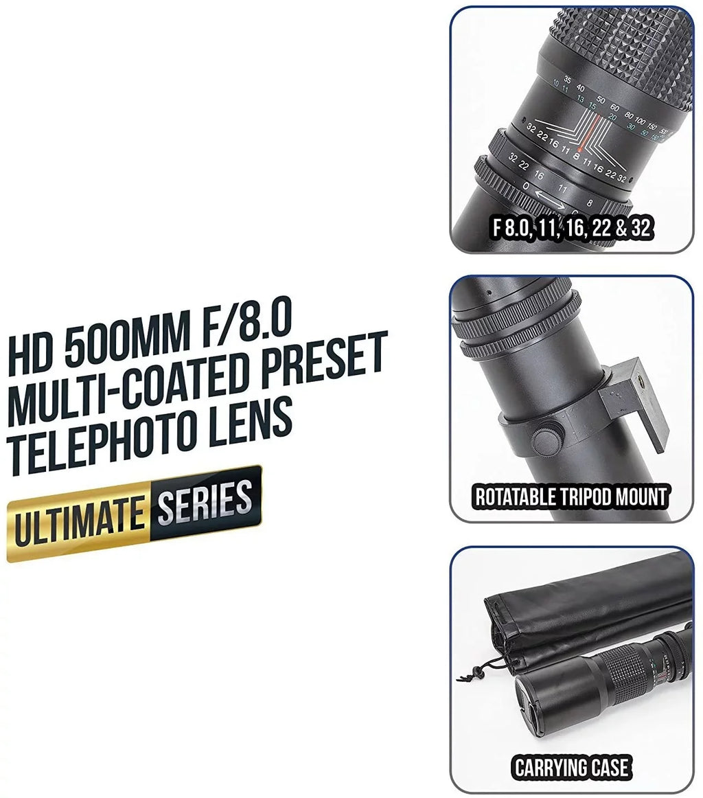 Ultimaxx 500mm f/8 Multi-Coated Preset Telephoto Lens Includes T-Mount Adapter for EF Mount & Microfiber Cleaning Cloth - Compatible with SLR/DSLR Cameras
