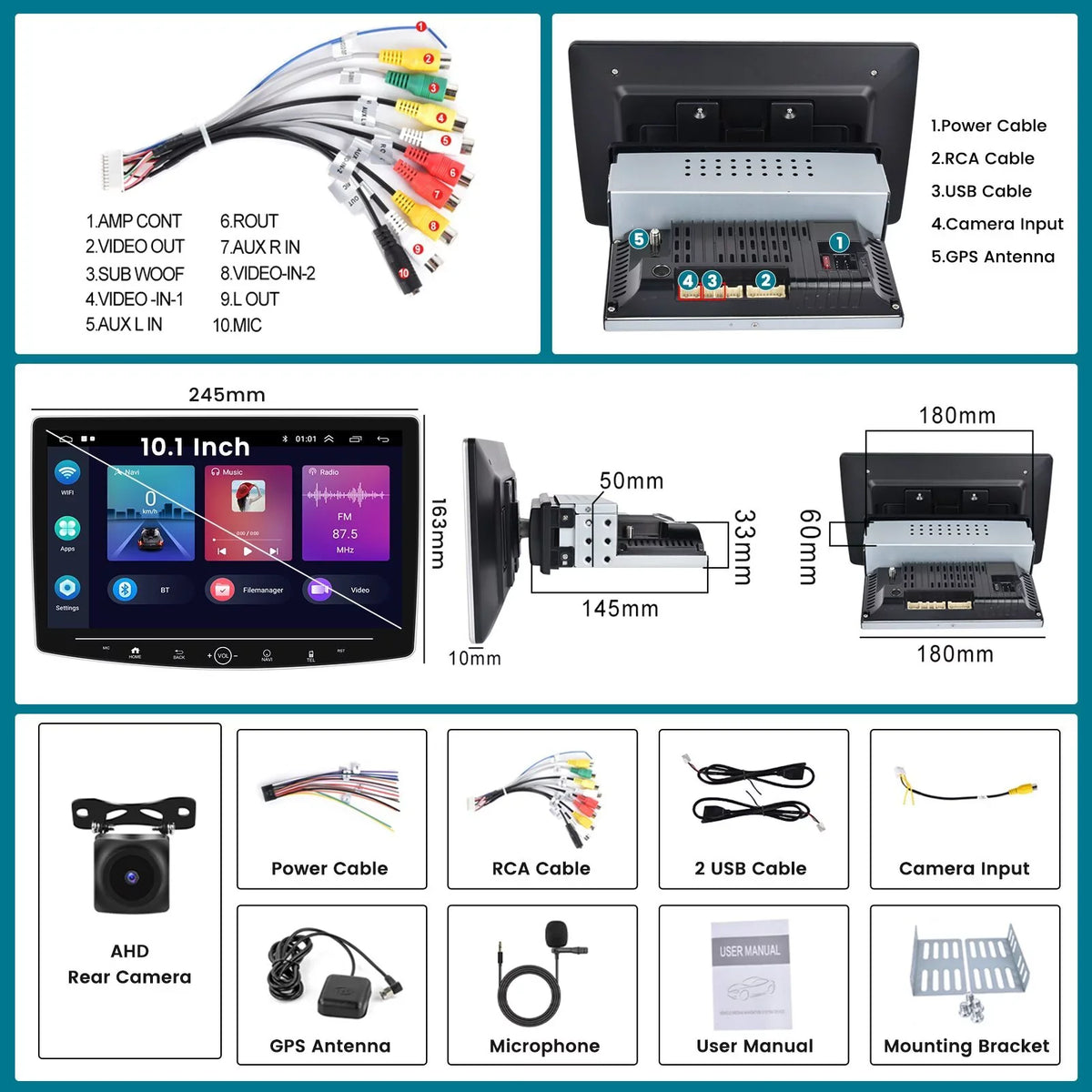 Podofo 2+32G Single 1 DIN 10.1'' Touch Monitor Car Stereo Radio Wireless Carplay Android Auto Android 11 HD Bluetooth USB Cable FM Audio WIFI GPS USB HIFI,with Microphone&Backup Camera