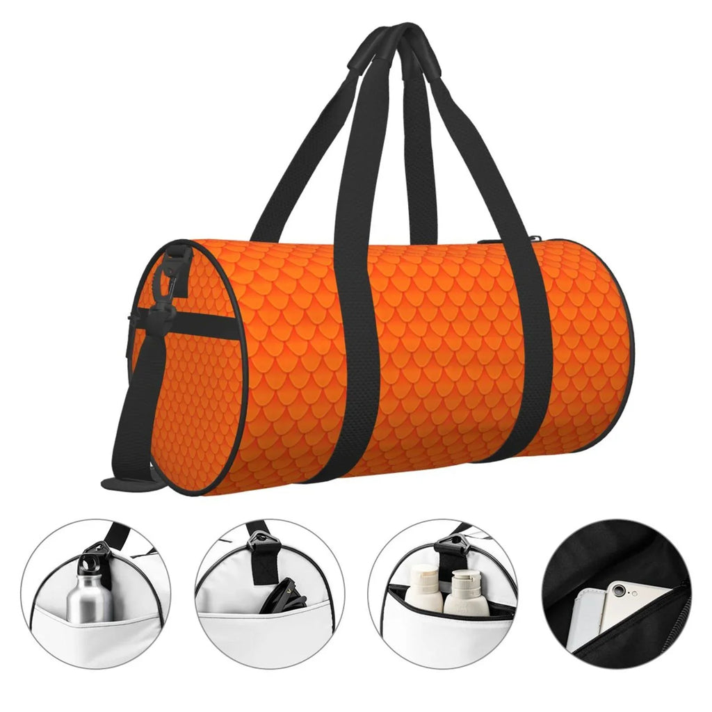 Coaee Orange Scales Large Capacity Travel Luggage Bag Cylinder Gym Bag Fluid Sports Bag with Pocket and Compartment