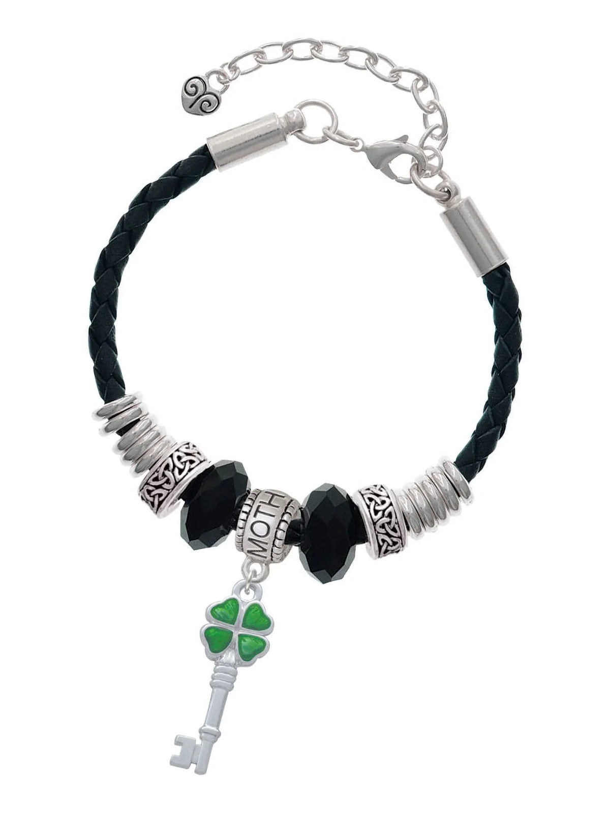 Delight Jewelry Silvertone Translucent Green Lucky Four Leaf Clover Key Mother Celtic Knot Leather Bead Bracelet, 7"+2" Extender
