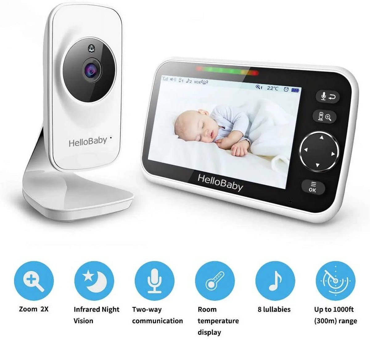 Video Baby Monitor with Camera and Audio, 5" Color LCD Monitor HelloBaby Monitor Camera, Infrared Night Vision, Temperature Display, Lullaby, Two Way Audio and VOX Mode 5 inches