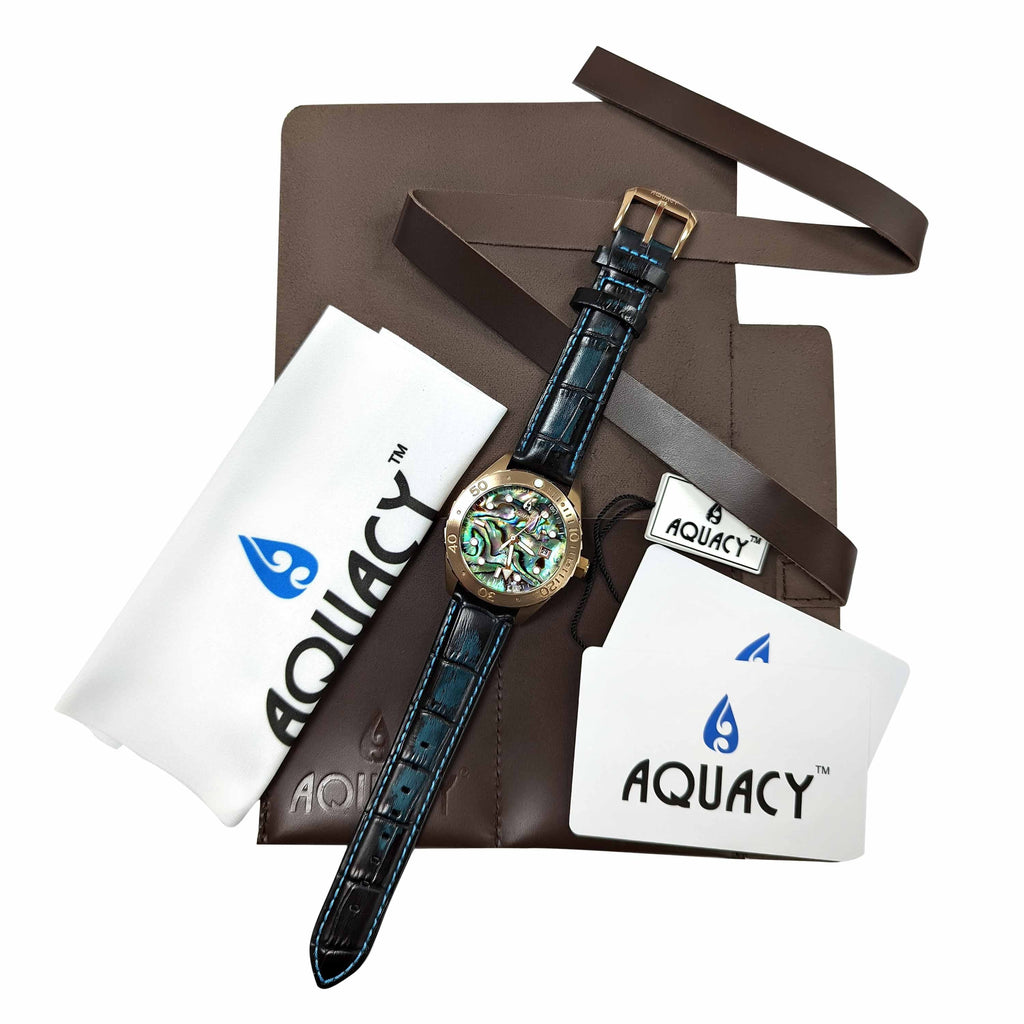Aquacy Bronze CuSn8 Abalone Automatic Diver Watch BR.AB.8215.L - Screw Down 316L Stainless Case Back - 200M Fluid Resistance - 40 Hours Approx Power Reserve Dive Swimming Wrist Watches For Men
