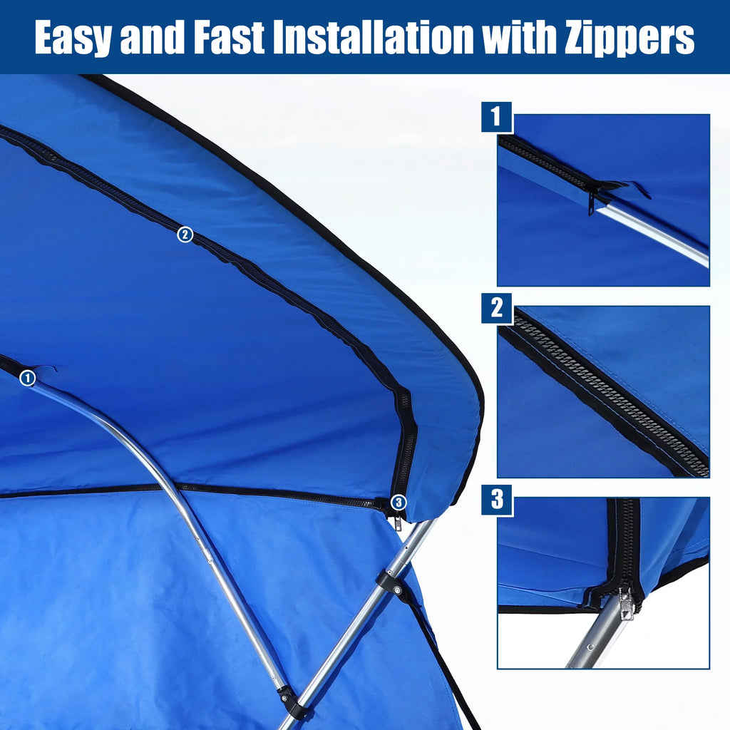 Unique Bargains 600D 4 Bow 8'L x 54"H x 67"-72"W Bimini Top Canvas Cover with Detachable Side Blocks Storage Boot Blue