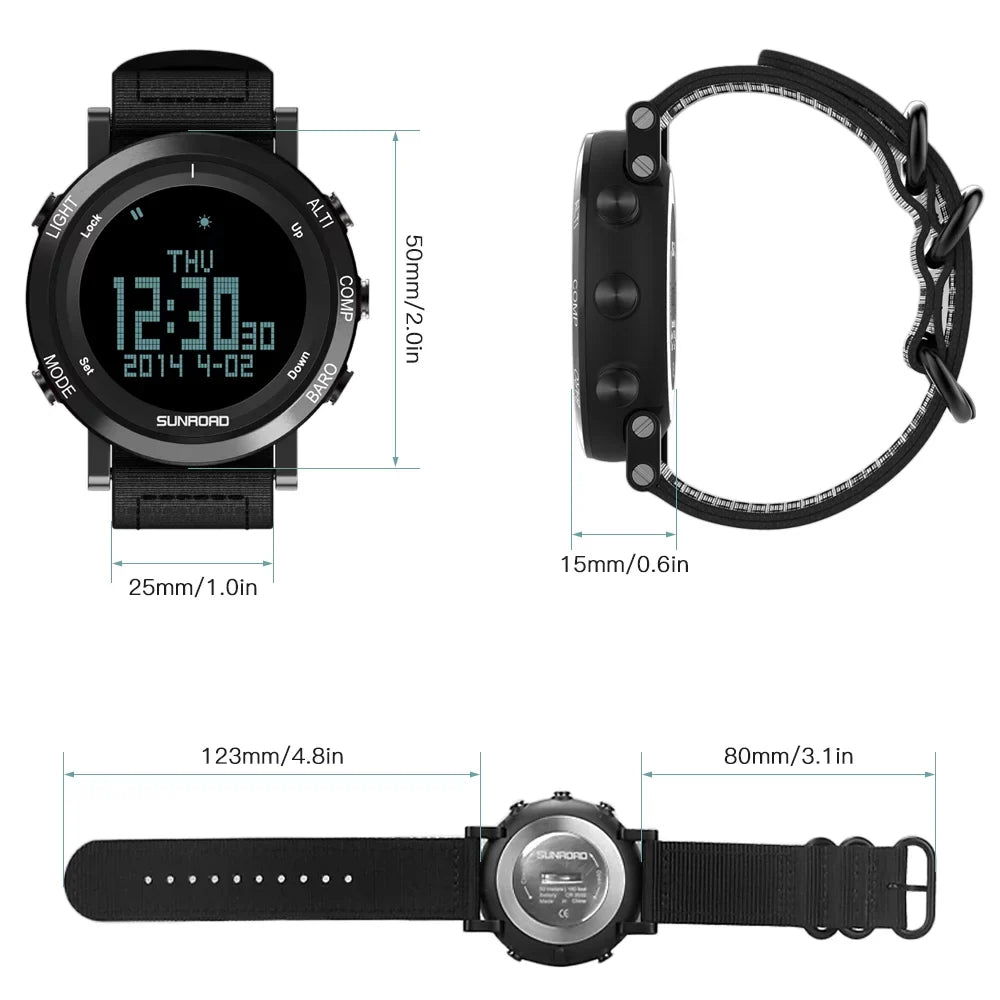 SUNROAD Barometer Altimeter Compass Thermograph Weather Forecast Men Watch 50meters Fluid Multifunctional Sports Watch for Mountaineering Running Trekking Camping