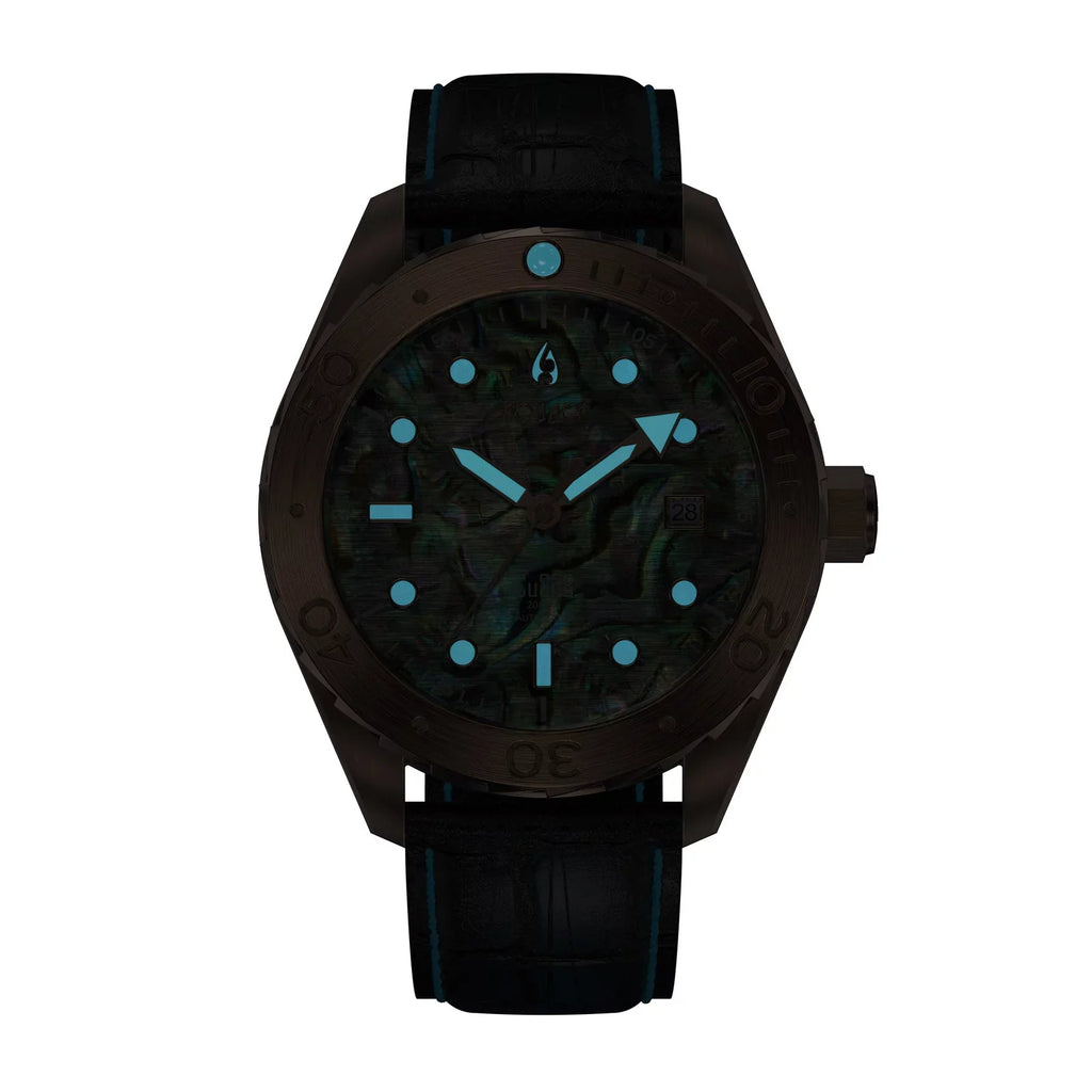 Aquacy Bronze CuSn8 Abalone Automatic Diver Watch BR.AB.8215.L - Screw Down 316L Stainless Case Back - 200M Fluid Resistance - 40 Hours Approx Power Reserve Dive Swimming Wrist Watches For Men