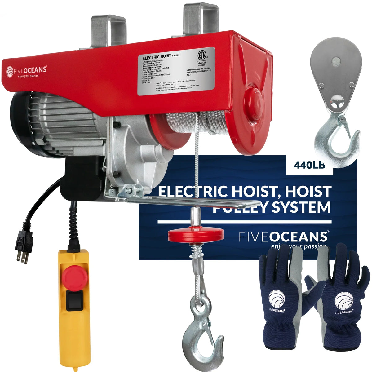 Five Oceans Electric Hoist, Hoist Pulley System, Pulley Hoist, 440 Lb Electric Winch 20FT Remote Control 120 V, Includes Working Gloves for Garage, Factory Lifting Emergency Stop Button - FO3780-C1