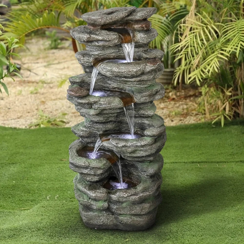 Meedzom 40''H Fluid Fountain Outdoor Garden LED Lighted Floor Fountain Natural Polyresin Decor for Patio