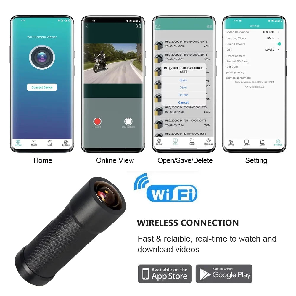 VSYSTO 2K Motorcycle Bike Helmet Camera, Portable WiFi Fluid Motorcycle Dash Cam Action Camera, 170° Super Wide Angle Night Vision Lens, WDR, Loop Recording