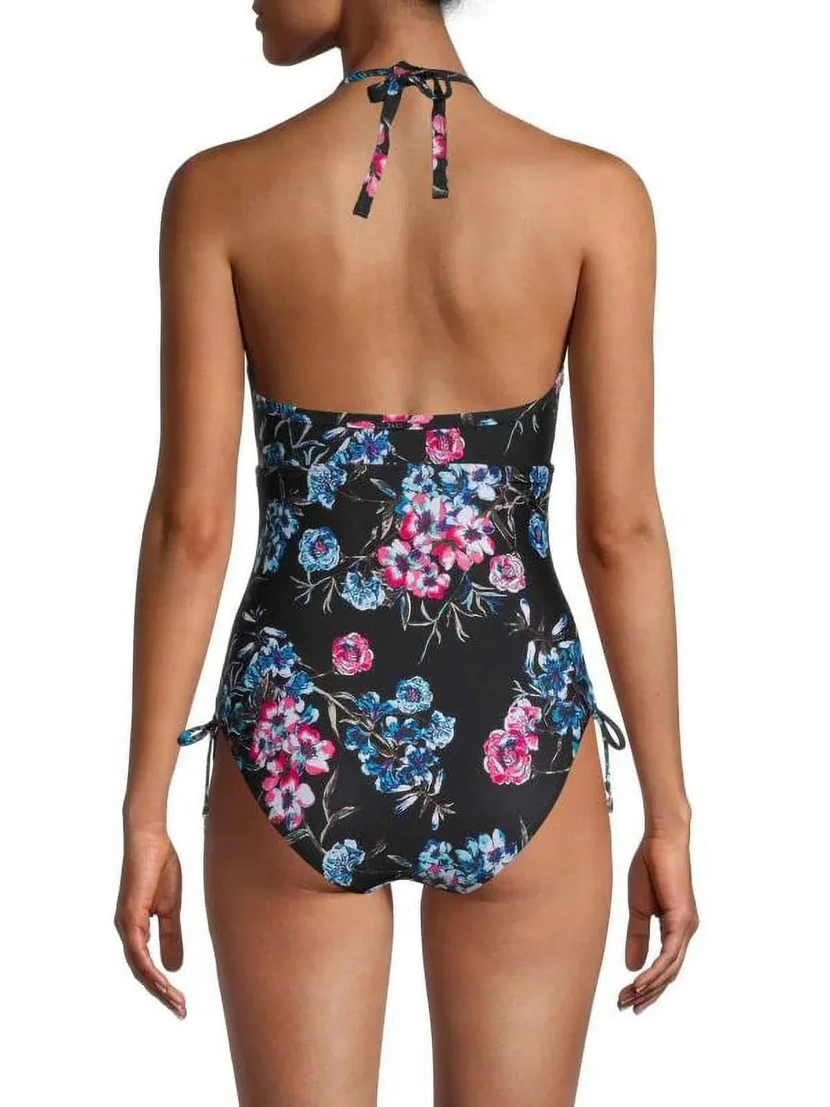 DKNY BLACK FLORAL Floral-Print Halterneck One-Piece Swimsuit, US 14