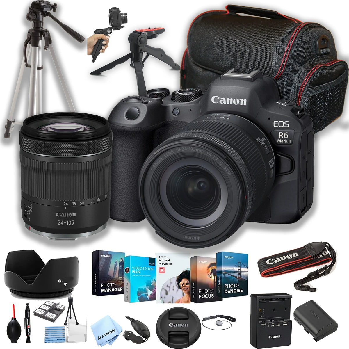 EOS R6 Mark II Mirrorless Digital Camera with RF 24-105mm f/4-7.1 STM Lens + 64GB Memory + Case+ Steady Grip Pod + Tripod+ Software Pack + More (30pc Bundle)
