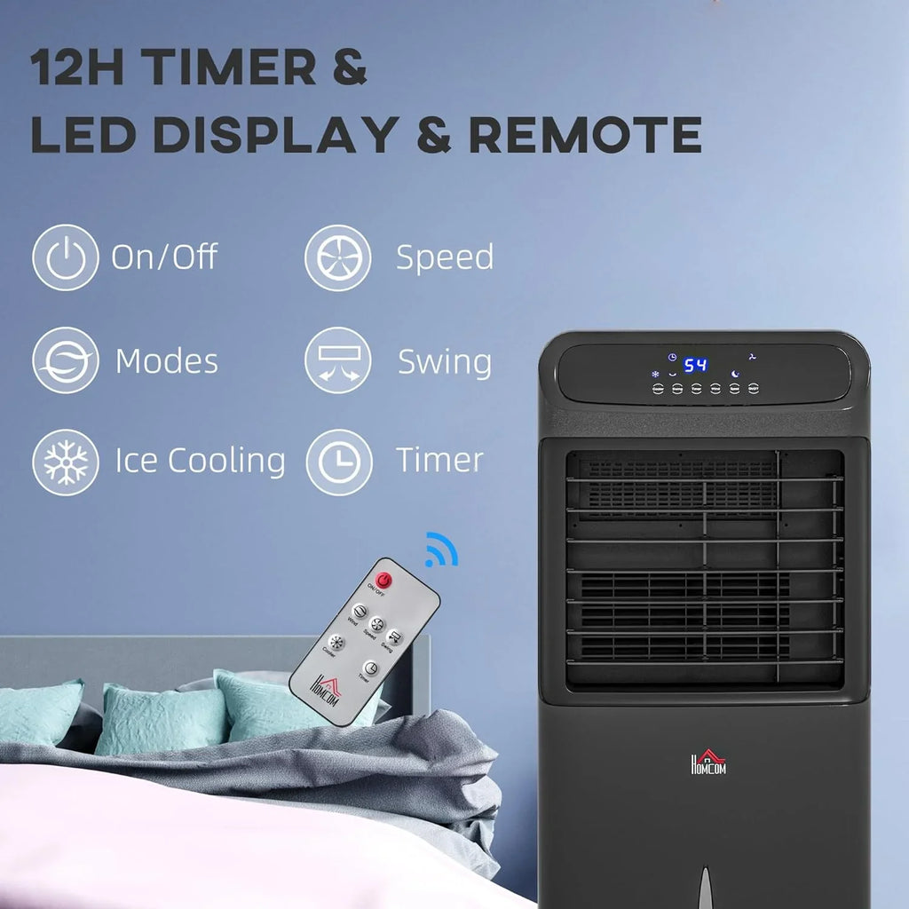 HOMCOM 32" Mobile Evaporative Air Cooler, 3-In-1 Ice Cooling Fan Fluid Conditioner Humidifier Unit with Remote, Timer, Oscillating, LED Display, 3.2gal Fluid Tank for Home Office, Bedroom, Black