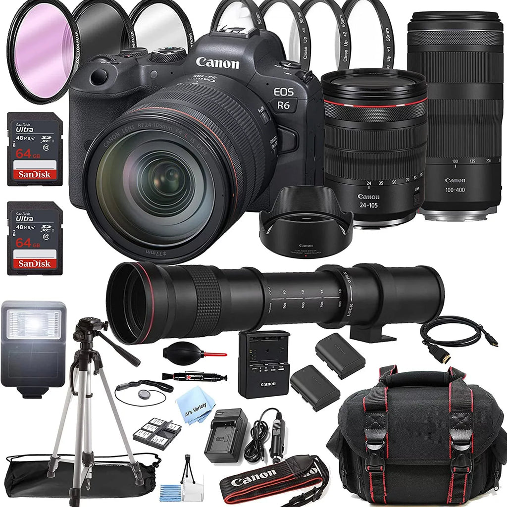 EOS R6 Mirrorless Digital Camera with RF 24-105mm f/4 L is USM Lens + RF 100-400mm is USM Lens + 420-800mm Super Telephoto Lens + 128GB Memory + Case + Tripod + Filters 43pc Bundle