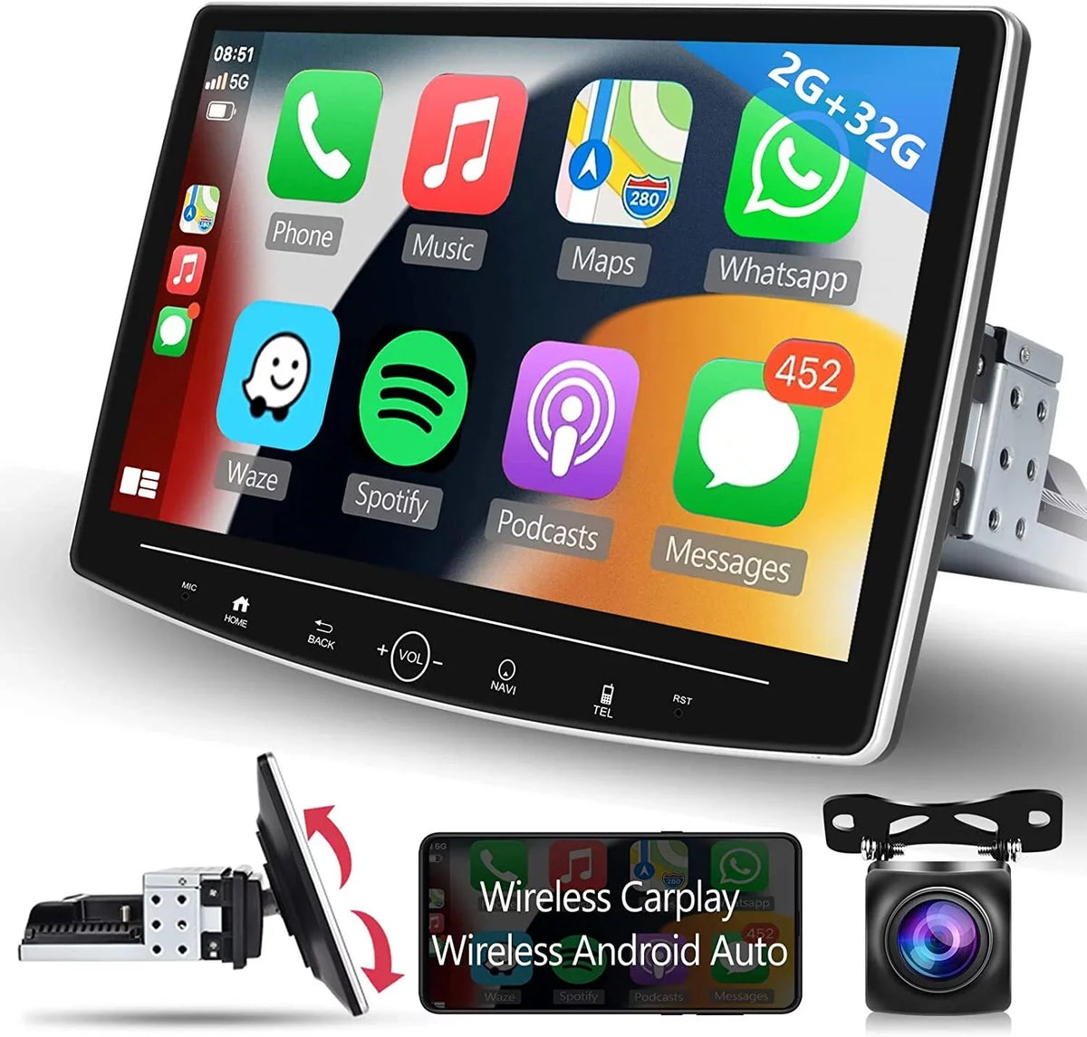 Podofo 2+32G Single 1 DIN 10.1'' Touch Monitor Car Stereo Radio Wireless Carplay Android Auto Android 11 HD Bluetooth USB Cable FM Audio WIFI GPS USB HIFI,with Microphone&Backup Camera
