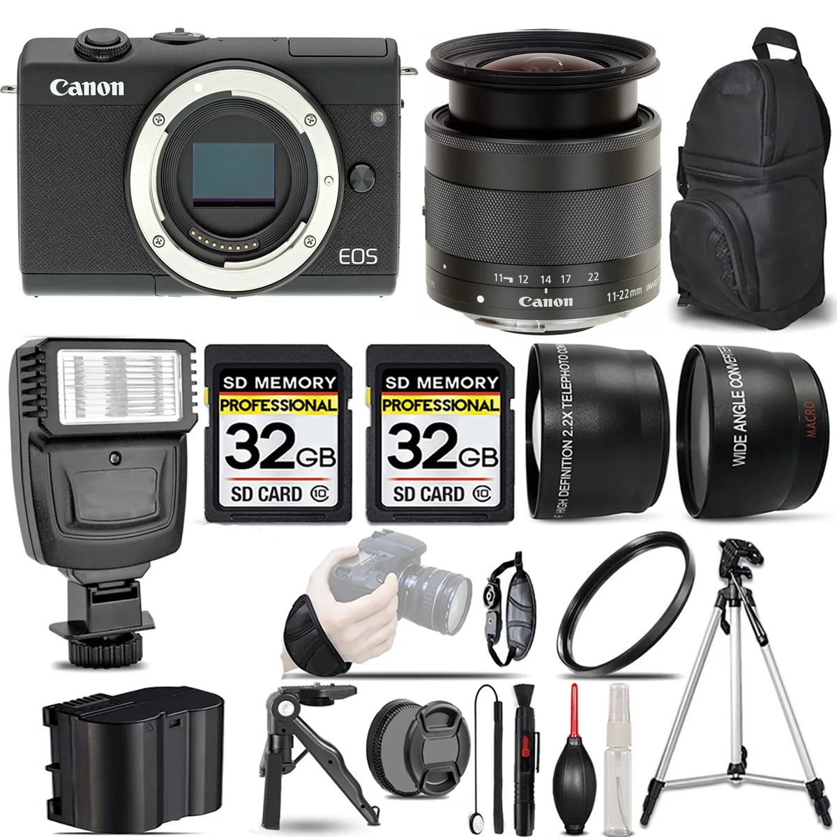 EOS M200 Mirrorless Camera (Black) +11-22mm f/4-5.6 IS STM Lens +Flash +64GB- Kit