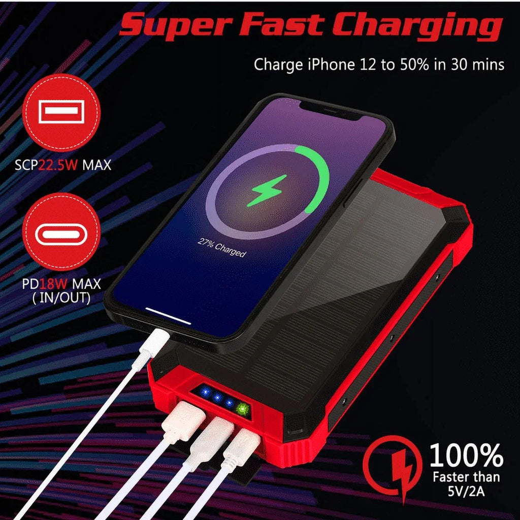 Solar Power Bank 20000mAh Built-in 4 Cables Qi Wireless Charger For Ulefone Armor 9 with LED Flashlight Solar Portable External Battery IPX4 Fluid 15W 5V/3A USB C Port 6 Outputs 3 Inputs