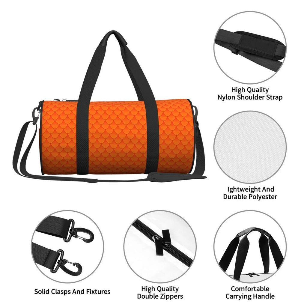 Coaee Orange Scales Large Capacity Travel Luggage Bag Cylinder Gym Bag Fluid Sports Bag with Pocket and Compartment