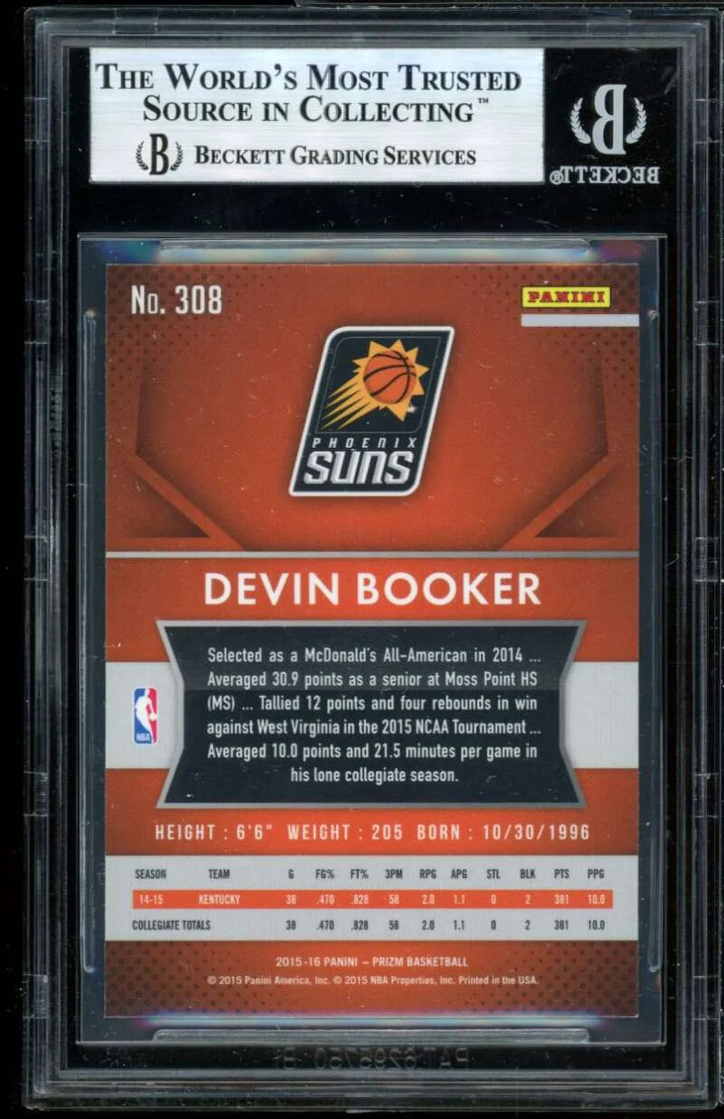 Devin Booker Rookie Card 2015-16 Panini Prizm #308 BGS 9