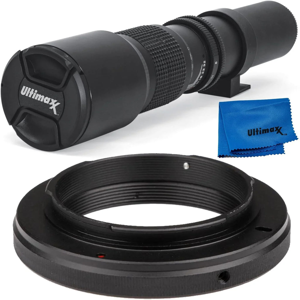 Ultimaxx 500mm f/8 Multi-Coated Preset Telephoto Lens Includes T-Mount Adapter for EF Mount & Microfiber Cleaning Cloth - Compatible with SLR/DSLR Cameras