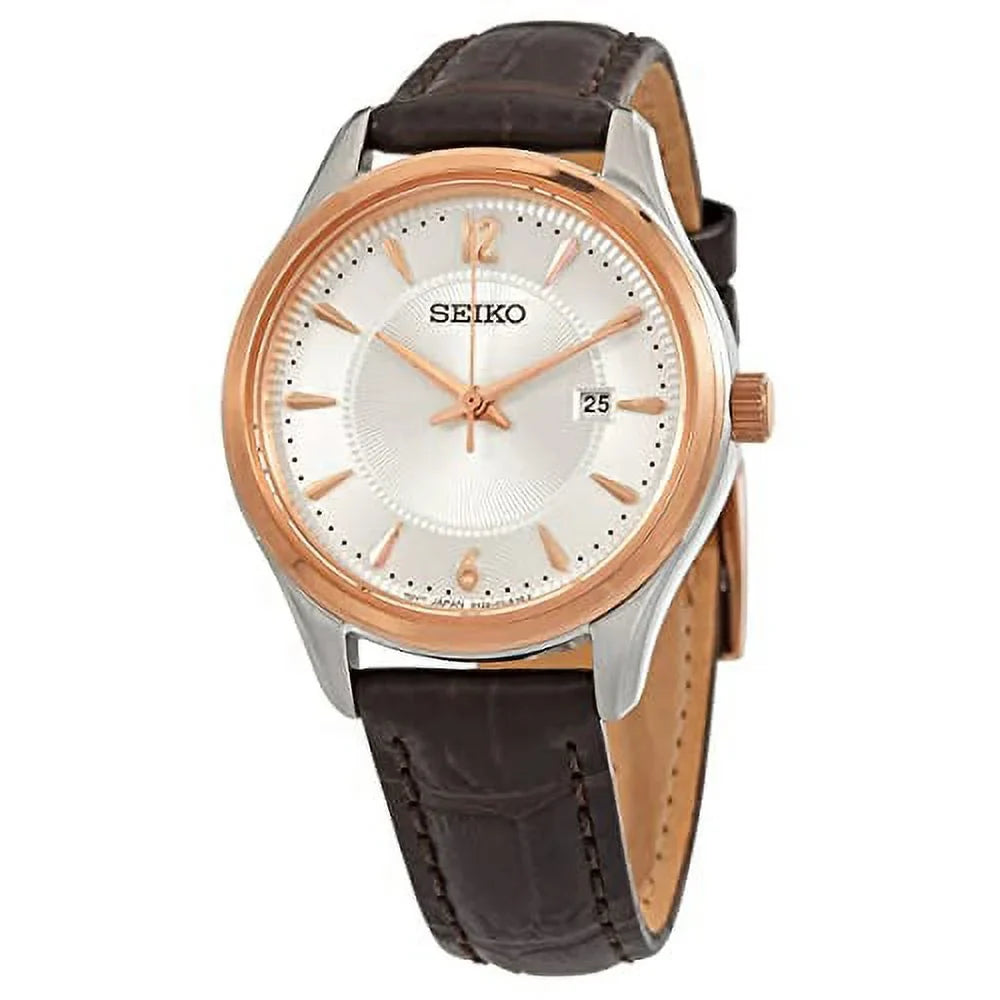 Seiko Stainless Steel and Rose Gold Brown Leather Women's Watch SUR428